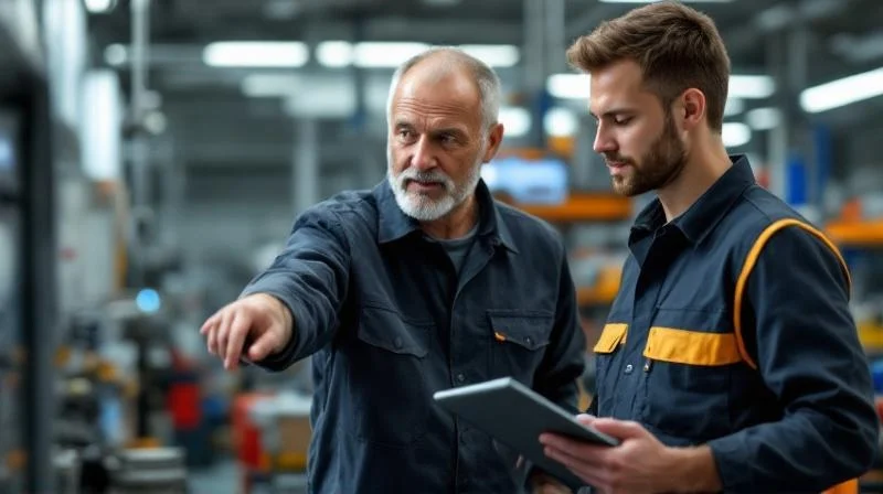 Ausbilder in einem Wolfsburger Industriebetrieb beim Anleiten einer Auszubildenden an einer Werkbank