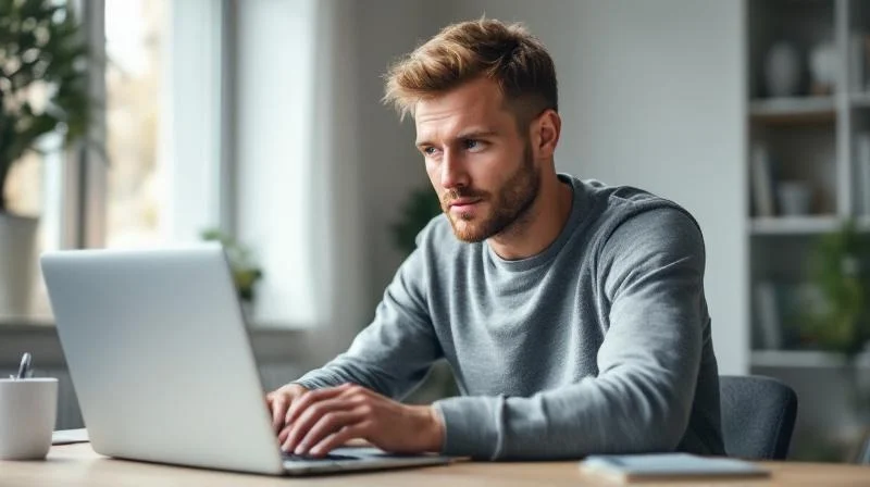 Mann sitzt am Schreibtisch und recherchiert Weiterbildungen am Laptop in Wolfsburg