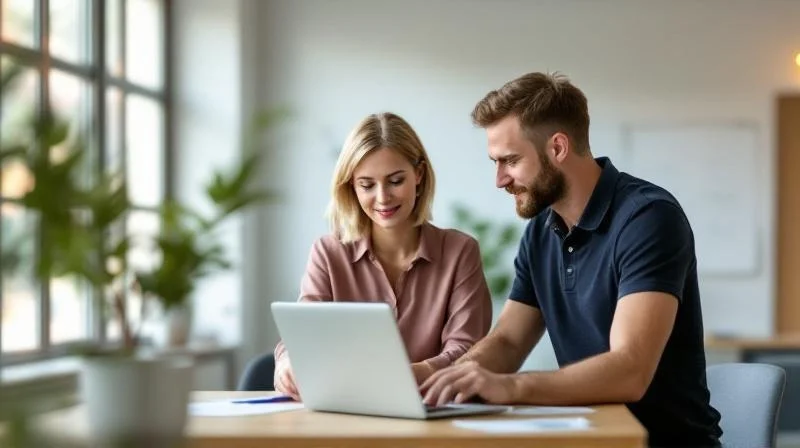Zwei Kollegen besprechen Unterlagen in einem modernen Buero