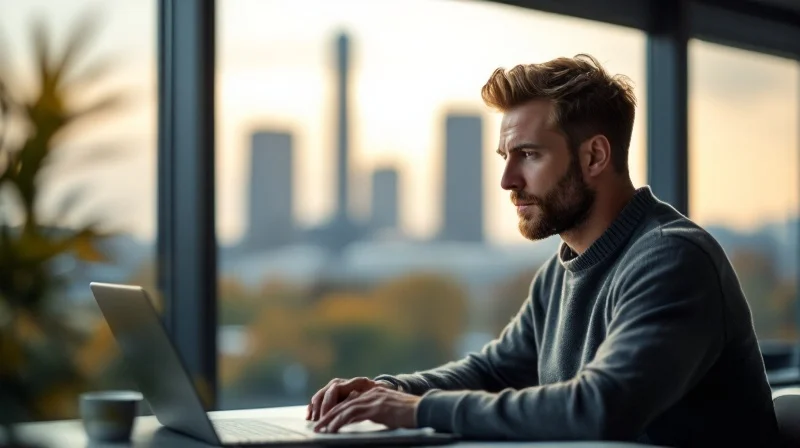 Wolfsburger Angestellter im Büro nahe VW-Werk am Laptop, im Hintergrund Stadtkulisse mit Autostadt