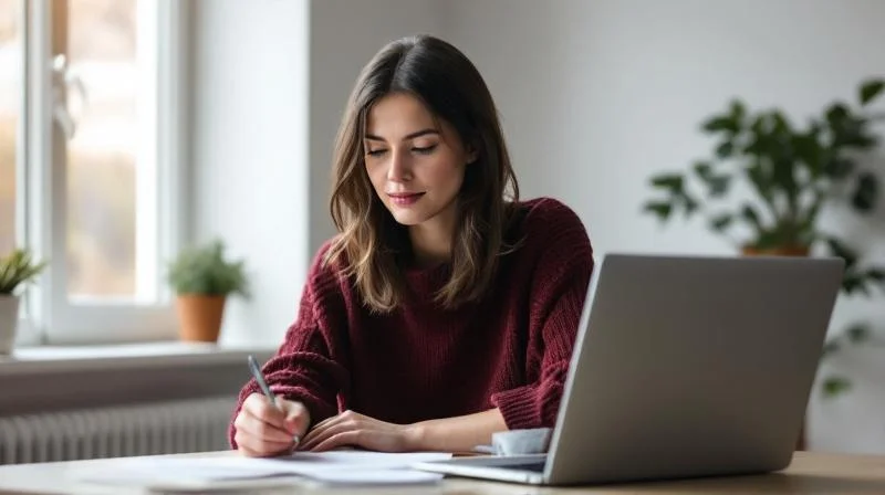 Frau lernt am Laptop in einer hellen Wohnung in Wolfsburg