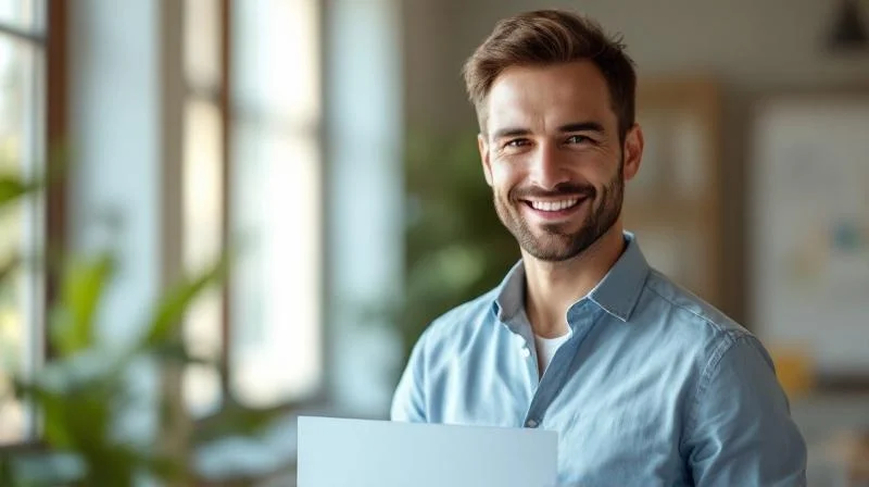 Mann haelt stolz sein IHK-Zeugnis in einem modernen Buero in Wolfsburg
