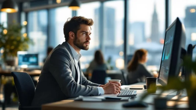 Quereinsteiger in einem Wolfsburger Unternehmen am Arbeitsplatz, arbeitet konzentriert an Dashboards und KI-Tools