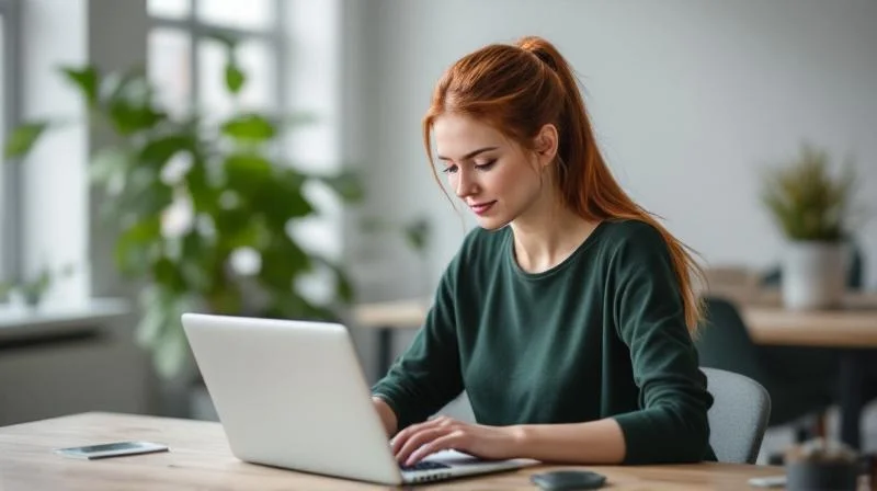 Frau arbeitet fokussiert am Laptop in einem modernen Coworking-Space in Wolfsburg