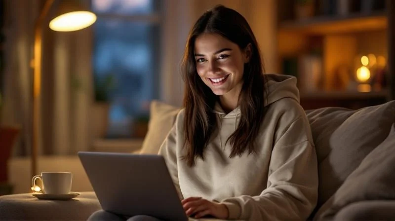 Frau lernt konzentriert am Laptop in einem modernen Wohnzimmer
