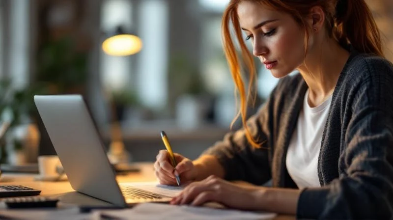 Frau mit Unterlagen am Schreibtisch lernt fuer den Wirtschaftsfachwirt